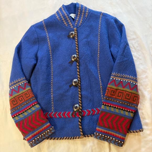 Coldwater Creek Wool Embroidered Aztec Western Jacket Size M Blue - Picture 1 of 7